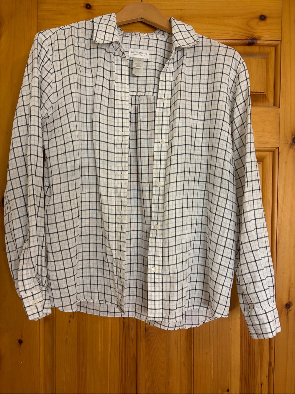 Liz Claiborne Lightweight White linen Button-Up with Black Windowpane Check